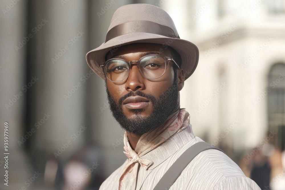 A confident man wearing glasses and a stylish hat poses outdoors, showcasing his self-assured demeanor and fashionable taste in a modern urban setting. A confident man wearing glasses and a stylish hat poses outdoors, showcasing his self-assured demeanor and fashionable taste in a modern urban setting.