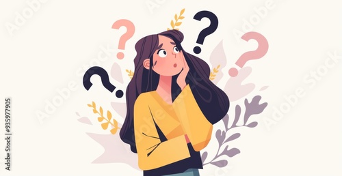 a Confused Adult Woman Surrounded by Question Marks with Pastel Colors and Simple Details