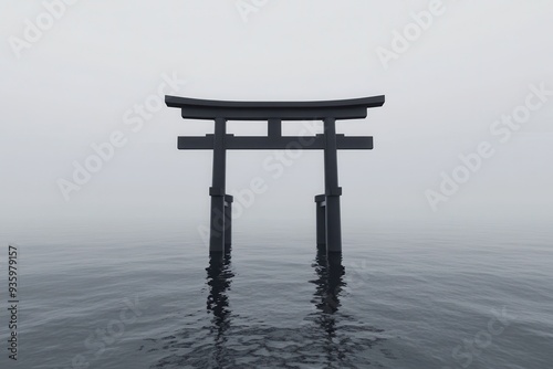 Minimalist black and white photograph of a torii gate reflecting on tranquil water in a serene and misty atmosphere