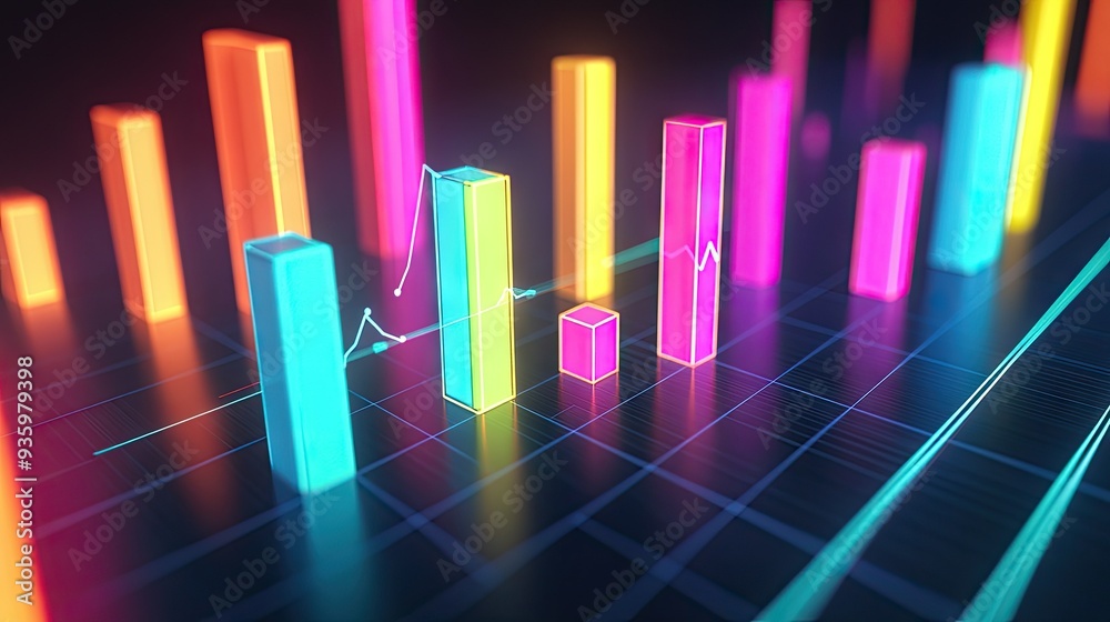 Abstract 3D financial graph with colorful bars and lines on a grid background. Abstract 3D financial graph with colorful bars and lines on a grid background.