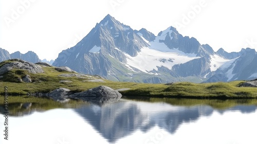 Stunning mountain landscape with snow-capped peaks reflected in tranquil waters, surrounded by lush green meadows.