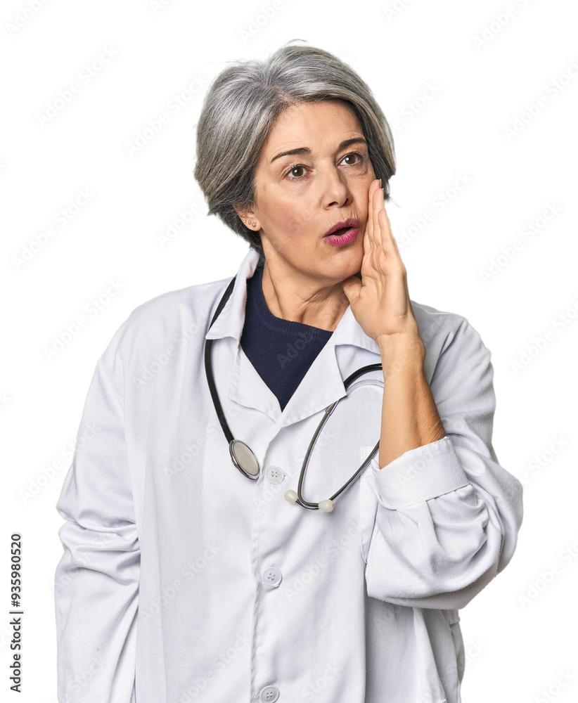 Caucasian mid-age female doctor with stethoscope is saying a secret hot braking news and looking aside Caucasian mid-age female doctor with stethoscope is saying a secret hot braking news and looking aside
