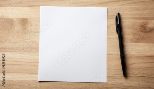 a White Sheet of Paper with Blank on Office Desk, Next to a Pen and Notebook with Empty Space on the Side