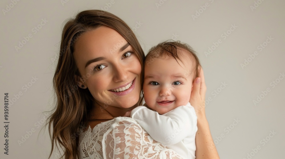 A young mother with brown hair joyfully cuddles her smiling baby, basking in the warmth of their connection in a softly lit, serene environment A young mother with brown hair joyfully cuddles her smiling baby, basking in the warmth of their connection in a softly lit, serene environment
