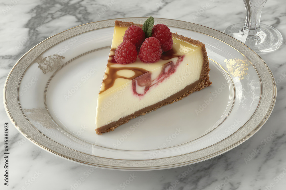 This image shows a delicious slice of cheesecake adorned with fresh raspberries, served on an elegant plate with a marble background, representing indulgence and elegance. This image shows a delicious slice of cheesecake adorned with fresh raspberries, served on an elegant plate with a marble background, representing indulgence and elegance.