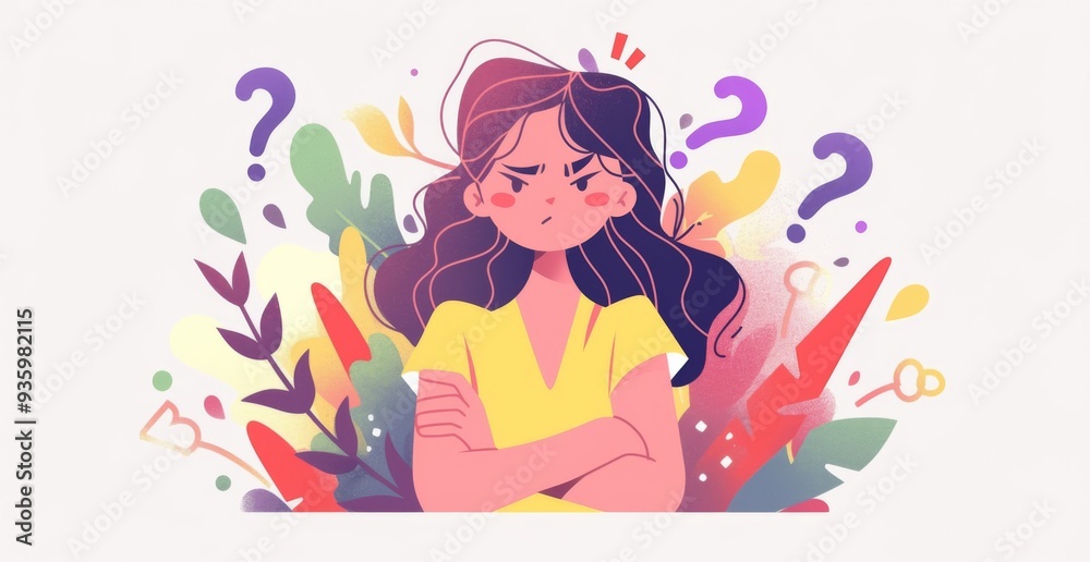 Worried Woman Standing with Arms Crossed Surrounded by Question Marks in a Simple, Flat Vector Style Illustration on White Background Worried Woman Standing with Arms Crossed Surrounded by Question Marks in a Simple, Flat Vector Style Illustration on White Background