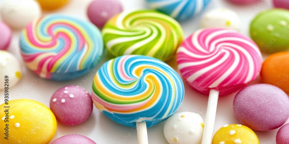 Assorted lollipops and candies in a range of bright, cheerful colors with round shapes, swirls, and dots for a festive look.