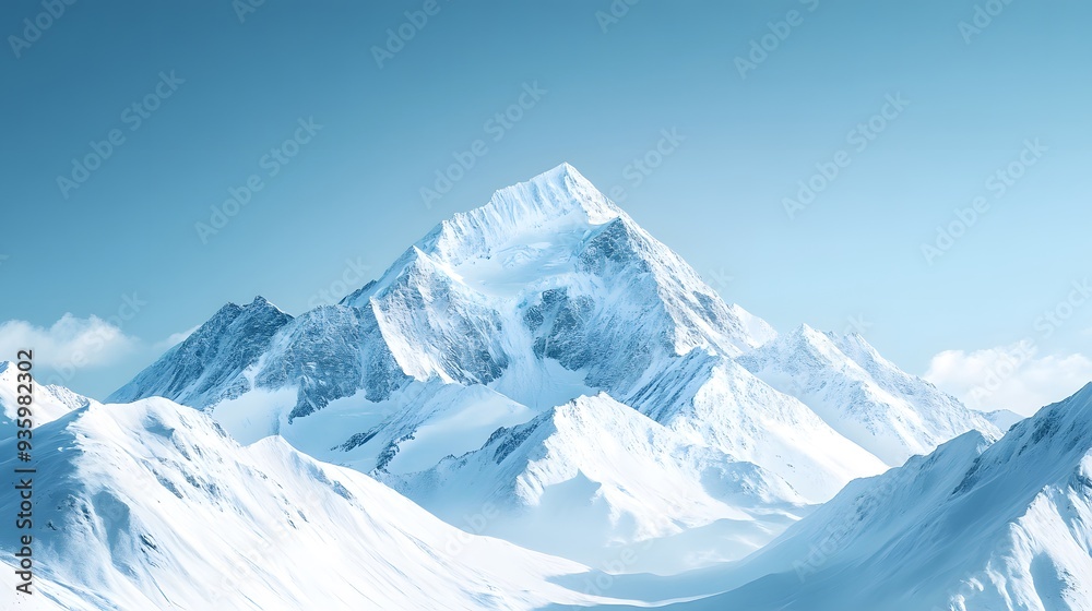 Obraz premium Pristine snowy mountain peak under a clear blue sky, untouched white slopes, crisp and cold winter air, dramatic lighting, high contrast, panoramic view.