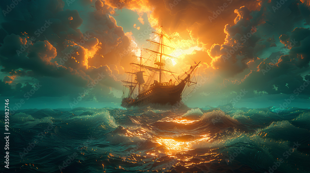 sailing ship at sea with additional sunlight sailing ship at sea with additional sunlight