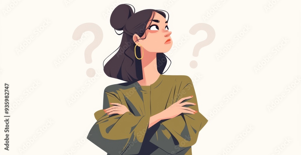 Worried Woman Standing with Arms Crossed Surrounded by Question Marks in a Simple, Flat Vector Style Illustration on White Background Worried Woman Standing with Arms Crossed Surrounded by Question Marks in a Simple, Flat Vector Style Illustration on White Background