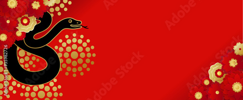 Carte florale rouge et or avec une silhouette noire de serpent. Une bannière pour le nouvel an chinois 2025 avec un espace vierge afin de placer votre propre texte.