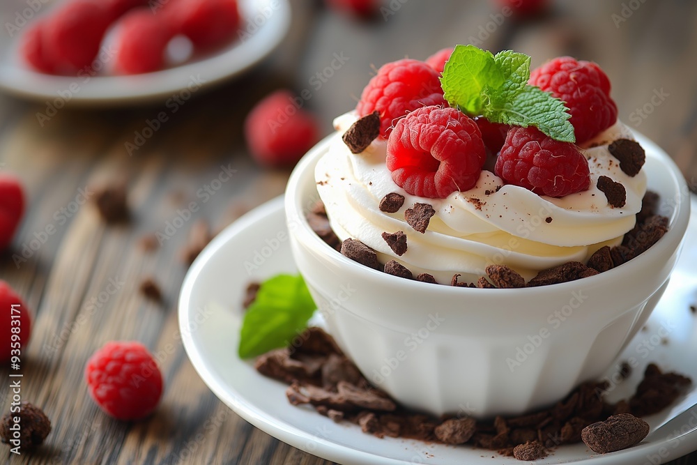 Creamy dessert topped with raspberries and garnished with mint, served in a white ceramic cup.