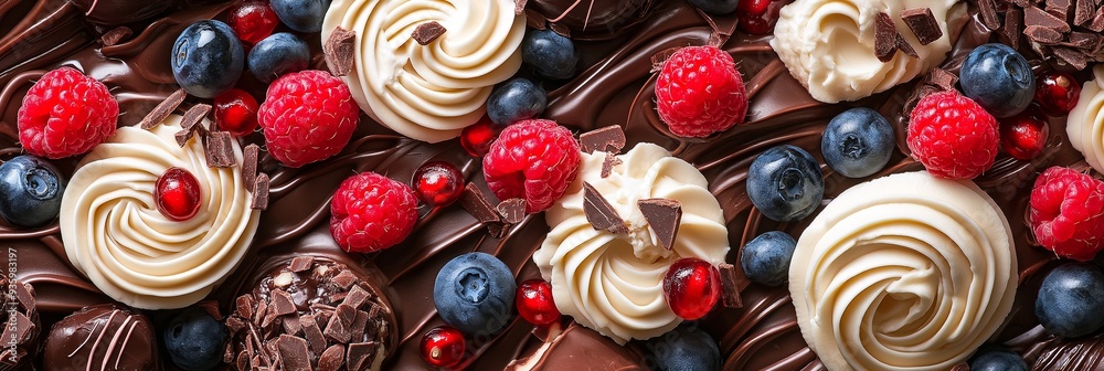 A medley of berries on a chocolate swirl base with whipped cream, presented in a visually appealing manner. A medley of berries on a chocolate swirl base with whipped cream, presented in a visually appealing manner.
