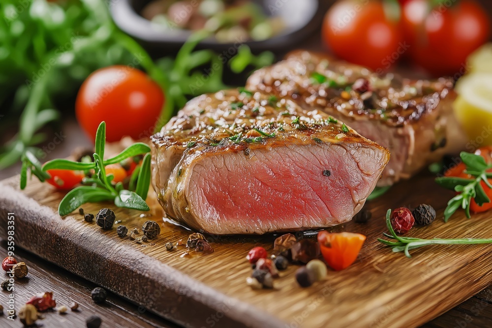 A juicy, medium-rare steak garnished with fresh herbs and surrounded by colorful vegetables and spices on a wooden board. A juicy, medium-rare steak garnished with fresh herbs and surrounded by colorful vegetables and spices on a wooden board.