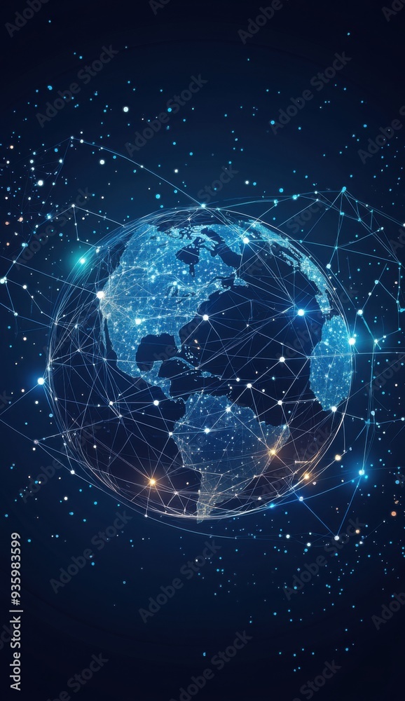Sleek digital globe displaying global network connections across continents, depicting the interconnectedness and advanced technology of the modern world in a futuristic style Sleek digital globe displaying global network connections across continents, depicting the interconnectedness and advanced technology of the modern world in a futuristic style