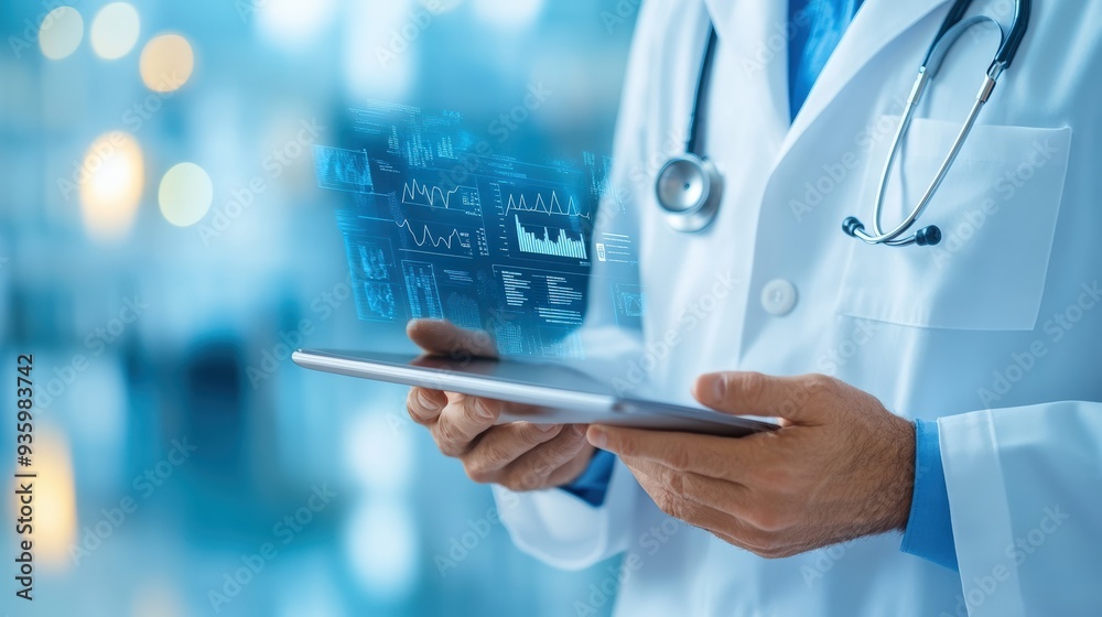 A doctor using a tablet to analyze patient data in a modern medical environment with advanced technology. A doctor using a tablet to analyze patient data in a modern medical environment with advanced technology.