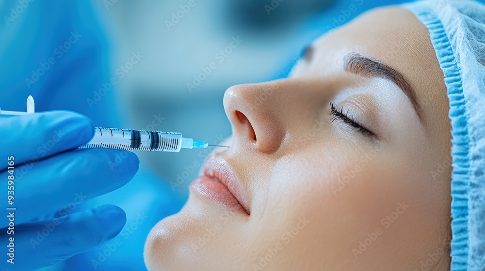 Close-up of a woman receiving a cosmetic injection in her nose from a gloved medical professional in a sterile environment. Close-up of a woman receiving a cosmetic injection in her nose from a gloved medical professional in a sterile environment.