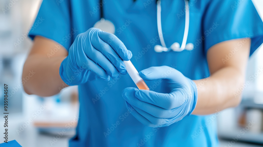 Doctor in blue scrubs and gloves holding a test tube, symbolizing medical research and lab work in a healthcare setting. Doctor in blue scrubs and gloves holding a test tube, symbolizing medical research and lab work in a healthcare setting.