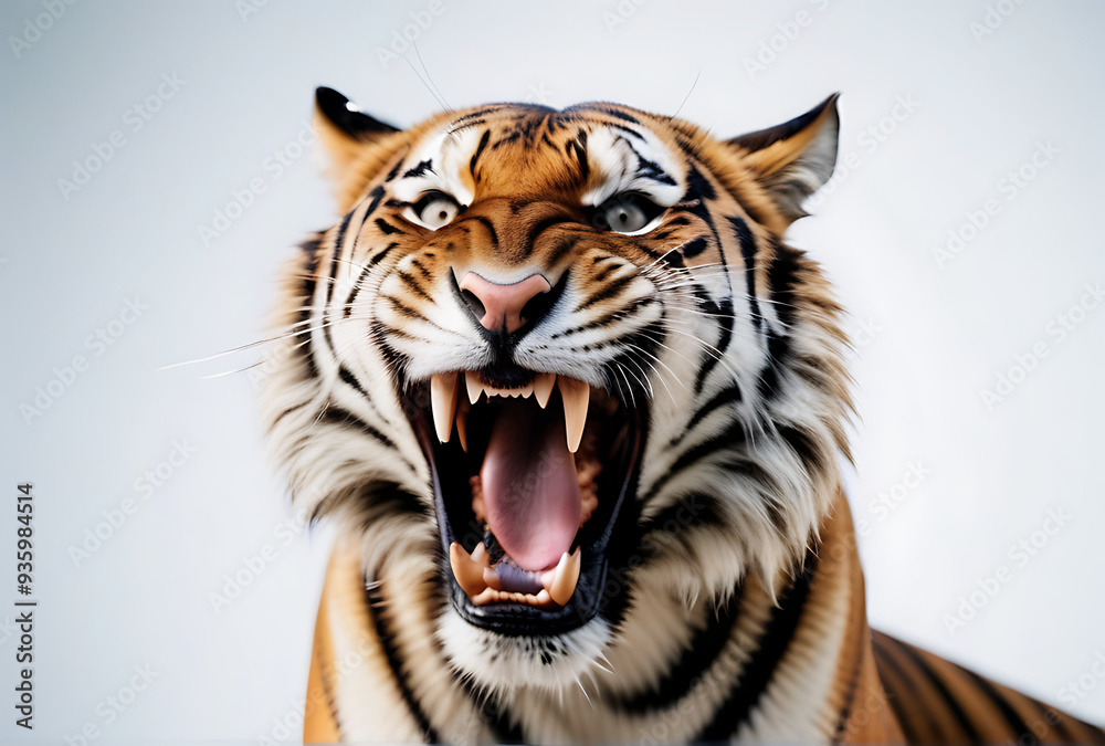 Obraz premium aggressive tiger baring fangs white background