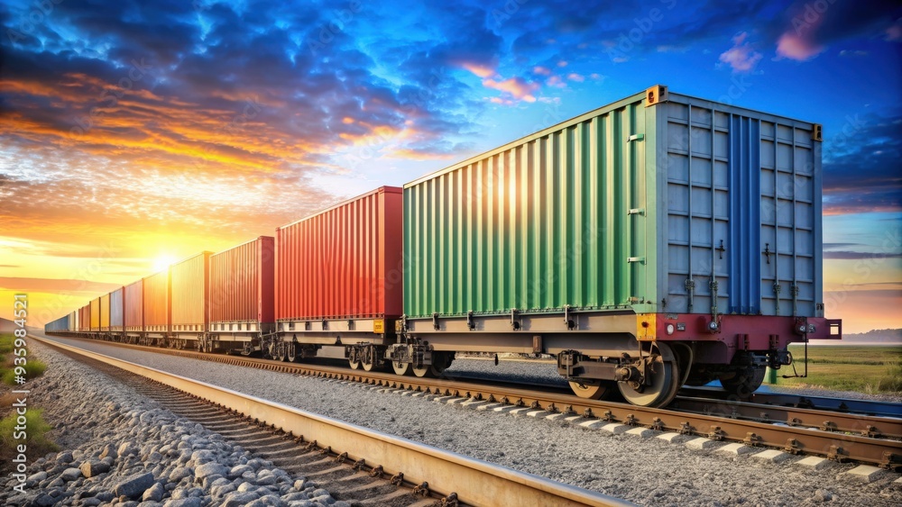 Fototapeta premium Wagon of freight train with containers on sky background, freight train, wagon, containers, transportation, logistics, rail