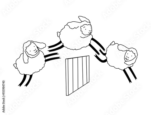 Linear drawing of sheep jumping over a fence, sleep, counting sheep. Vector illustration