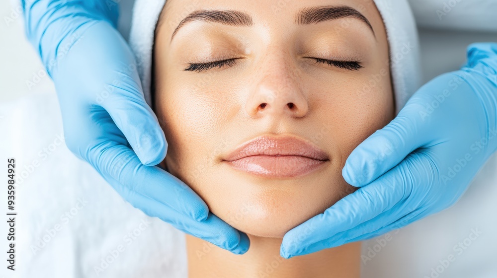 Woman getting a facial treatment at a spa. Close-up of face with eyes closed, hands in blue gloves massaging the chin area.