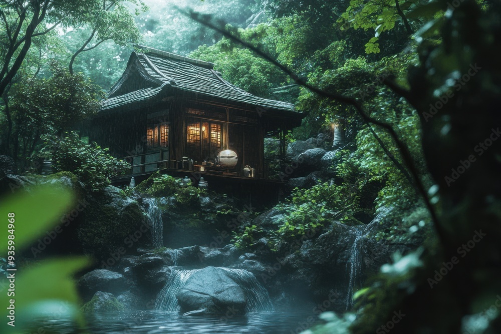 Cozy tea house nestled in a lush forest with cascading waterfalls offering tranquility and peace Cozy tea house nestled in a lush forest with cascading waterfalls offering tranquility and peace