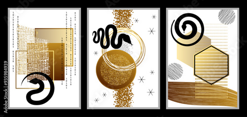 3 affiches ou triptyque composés de silhouettes de serpent noires et de formes géométriques, carrées, rondes ou hexagonales, aux couleurs or et cuivre.