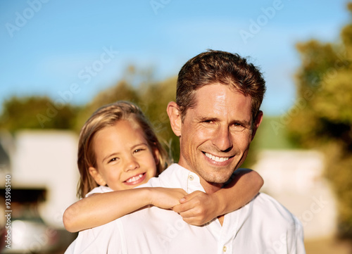 Portrait, girl or piggyback in park with single dad, smile and trust in nature on fun weekend break. Parent, father or child outside with love, care or daughter on outdoor holiday vacation together