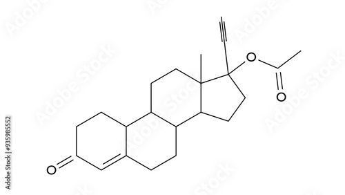 norethindrone acetate molecule, structural chemical formula, ball-and-stick model, isolated image progestin medication photo