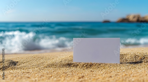 tropical beach scene, blank white card on sand, turquoise ocean waves, clear blue sky, copy space for text, golden sand, sunny day, seaside atmosphere.