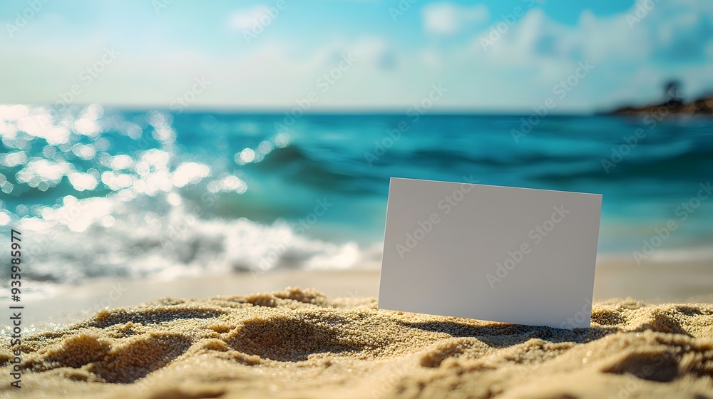 tropical beach scene, blank white card on sand, turquoise ocean waves, clear blue sky, copy space for text, golden sand, sunny day, seaside atmosphere. tropical beach scene, blank white card on sand, turquoise ocean waves, clear blue sky, copy space for text, golden sand, sunny day, seaside atmosphere.
