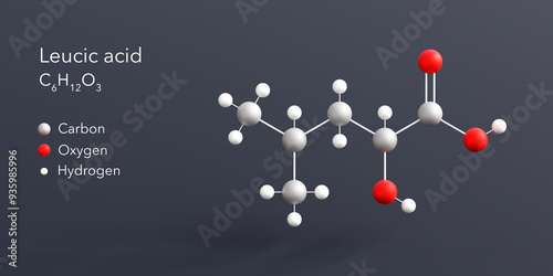 leucic acid molecule 3d rendering, flat molecular structure with chemical formula and atoms color coding photo