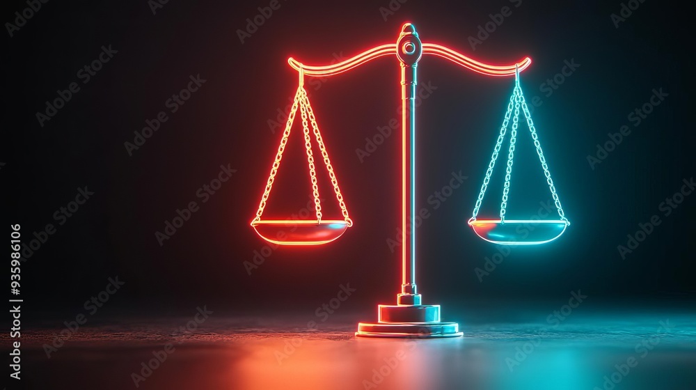 Illuminated scale of justice symbolizing law and balance in a modern concept, showcasing vibrant red and blue neon lights. Illuminated scale of justice symbolizing law and balance in a modern concept, showcasing vibrant red and blue neon lights.