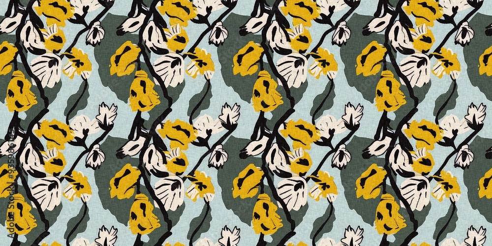 Modern printed fabric flower block print pattern with linen texture effect. Stylized boho dark floral for chic fashion background motif border design. Modern printed fabric flower block print pattern with linen texture effect. Stylized boho dark floral for chic fashion background motif border design.