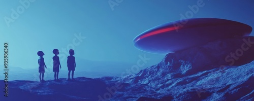 Three children are standing on a rocky surface looking up at a large, red and white UFO. Scene is one of curiosity and wonder, as the children are fascinated by the strange object in the sky photo