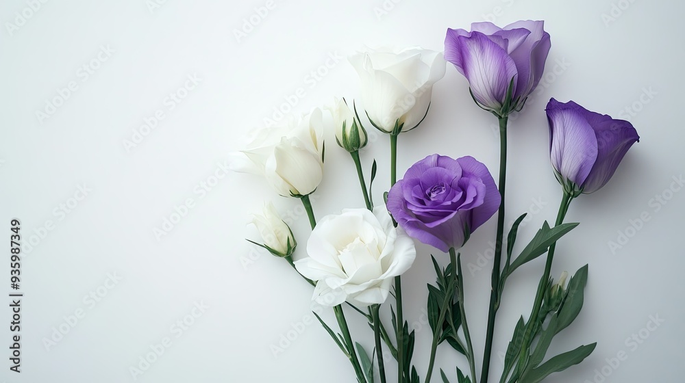 Beautifully arranged white and purple eustoma flowers on a white background, with a minimalist and elegant touch. - Beautifully arranged white and purple eustoma flowers on a white background, with a minimalist and elegant touch. -