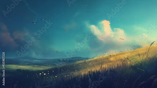 Dreamy landscape with a glowing horizon and soft light, ideal for fantasy and artistic themes

