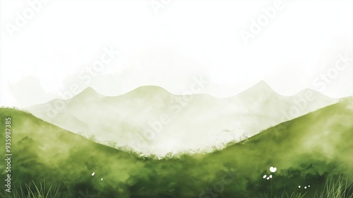 Watercolor landscape with green hills and misty mountains, a soft and artistic background for creative and natural themes

