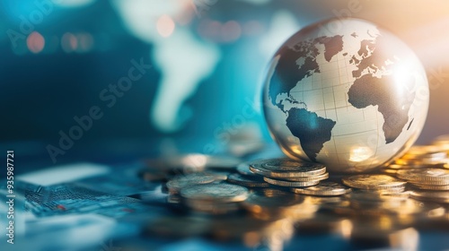 Close-up of a glass globe on coin stacks, with a blurred map in the background, representing global finance, investment, and economy concepts. photo