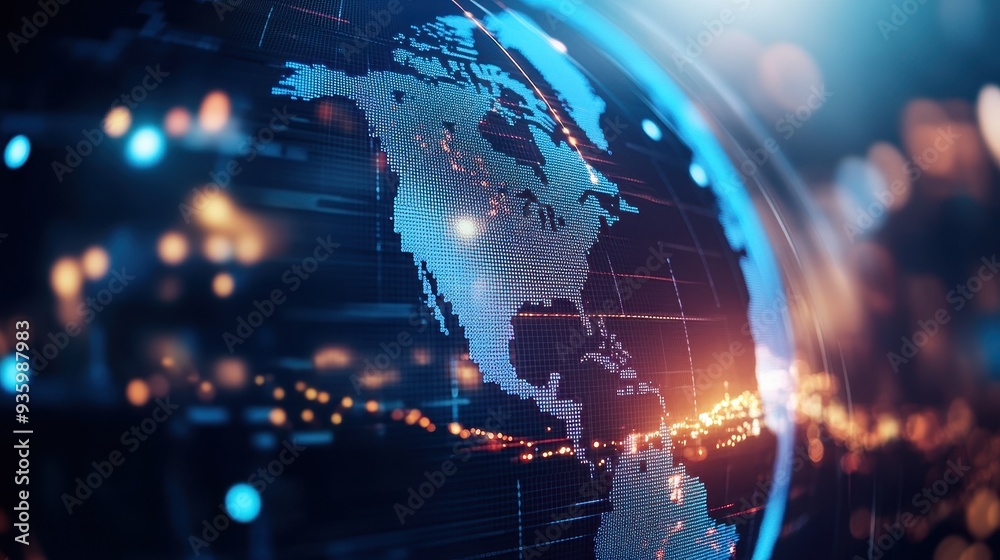 Fototapeta premium Futuristic digital globe showcasing North America with glowing lights and network connections. High-tech representation, global technology.