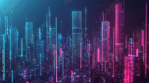 Big data connection technology. Cityscape telecommunication and communication network concept.