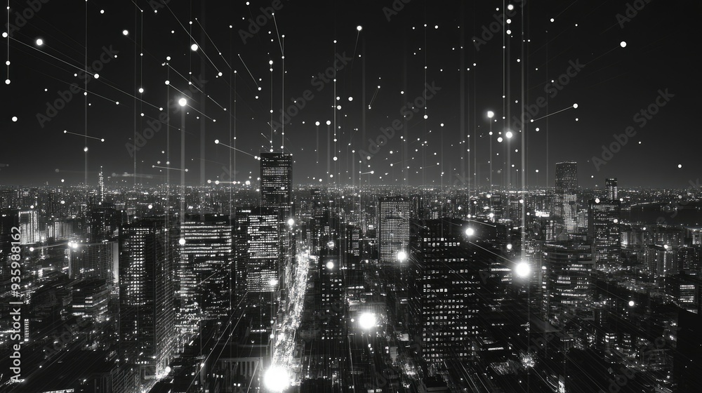 Obraz premium Black and white smart city with data communication flow network, communication technology concept