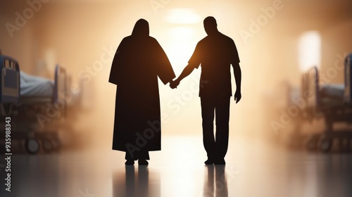 Hospital chaplain in silhouette offering support to a patient photo