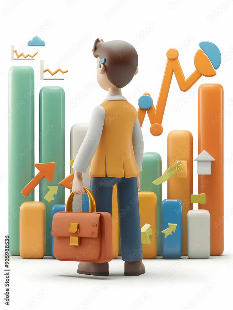 3D Flat Icon of Investor Analyzing Chart and Holding Briefcase for Business Investment and Financial Growth, Isolated on White Background 3D Flat Icon of Investor Analyzing Chart and Holding Briefcase for Business Investment and Financial Growth, Isolated on White Background