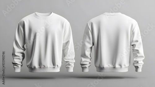 white sweatshirt, front and back view, blank template, plain design, crew neck, long sleeves, ribbed cuffs and waistband, realistic 3D rendering, studio lighting, grey background.