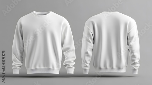 white sweatshirt, front and back view, blank template, plain design, crew neck, long sleeves, ribbed cuffs and waistband, realistic 3D rendering, studio lighting, grey background.