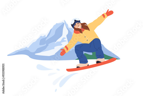 Happy girl snowboarder jumping. Young woman on snowboard. Extreme winter sport activity outdoors. Flat vector illustration isolated on white background