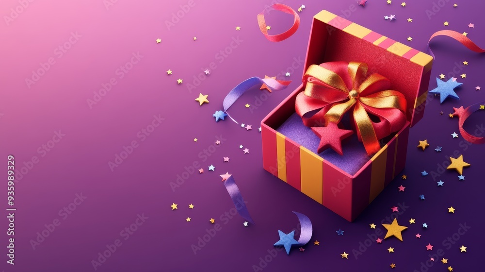 3D gift box with ribbons and stars. Open box with space for text. Plasticine-style illustration. 3D gift box with ribbons and stars. Open box with space for text. Plasticine-style illustration.