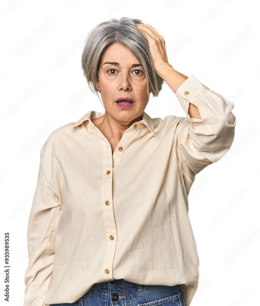 Caucasian mid-age female on studio background being shocked, she has remembered important meeting. Caucasian mid-age female on studio background being shocked, she has remembered important meeting.